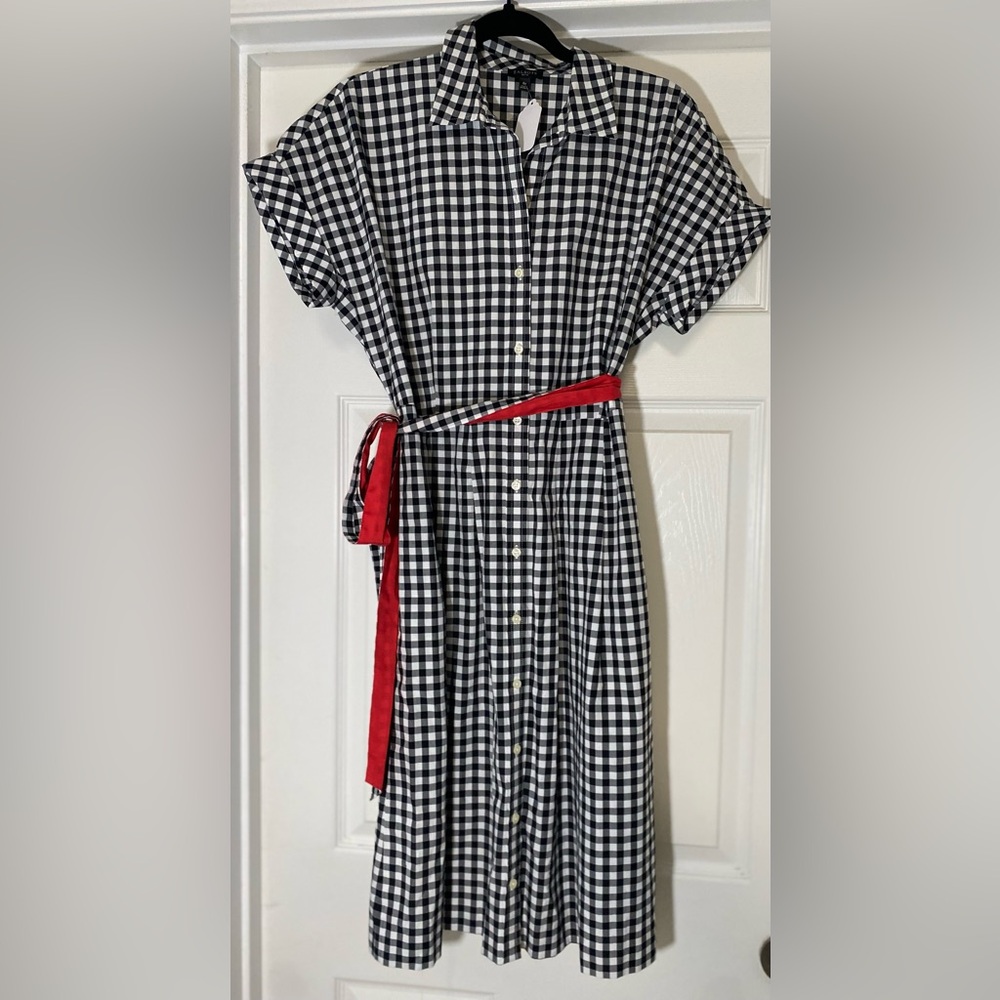 Talbots Navy and White Gingham Simple Urban Midi Dress with Red / Gingham Sash